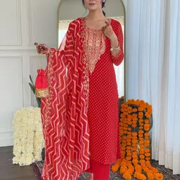 KALINIFloral Embroidered Straight Thread Work Kurta With Trousers And Dupatta-picture-37