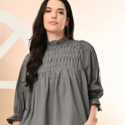 DressBerry Mandarin Collar Puff Sleeves Pure Cotton Peplum Top-picture-40