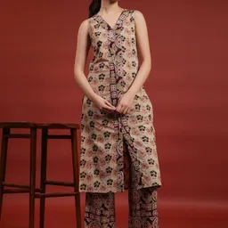 anayna Women Floral Printed Regular Pure Cotton Kurta with Trousers-picture-18