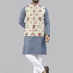 Leipzig Fashion Men Floral Printed Mandarin Collar Regular Straight Kurtas & Pyjamas-picture-19