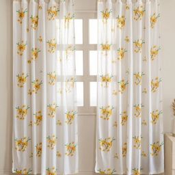 HOMEMONDE White & Yellow 2 Pieces Floral Printed Lightweight Sheer Cotton Window Curtains-picture-44
