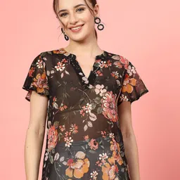 EVERYDAY by ANI Floral Print Mandarin Collar Applique Chiffon Top-image-93