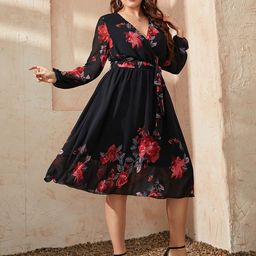 Sztori Plus Size Floral Printed Puff Sleeve Wrap Dress-image-42