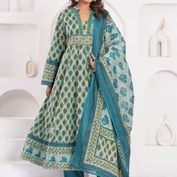 EtnicaWear Printed Yoke Design Beads and Stones Pure Cotton Kurta With Trousers & Dupatta-image-66