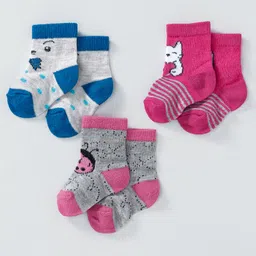 Cute Walk by Babyhug Ankle Length Non Terry Anti-Bacterial Socks Animal Design Set of 3 Pairs - Blue Pink-picture-39