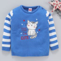 Babyhug Full Sleeves Sweater Kitty Embroidered - Blue-picture-10