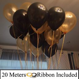 Amfin Metallic Latex Balloons & Ribbon Set Black Golden - Pack of 52-2