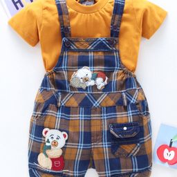 Dapper Dudes Teddy Patch Checked Dungaree With Half Sleeves Tee - Brown-image-81