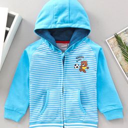Babyhug Raglan Sleeves Hooded Stripe Sweat Jacket Bear Print - Blue-picture-41