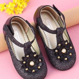 Cute Walk by Babyhug Party Wear Belly Shoes Floral Appliques - Black-image-12