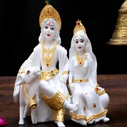 Craftlayout White & Gold -Toned Radha Krishna Playing With CalfReligious Showpiece-13
