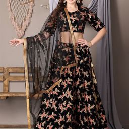 Ethnovog Floral Embroidered Thread Work Velvet Semi-Stitched Lehenga With Choli & Dupatta-picture-25