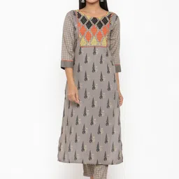 Anouk Grey Floral Printed Thread Work Straight Kurta With Trouser-picture-42