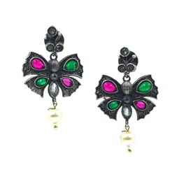 NILA Silver-Plated Stones Studded & Pearls Beaded Animal Shaped Oxidised Drop Earrings-picture-21