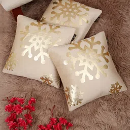 Myntra Elegant Homes Cream & Gold-Toned 3 Pieces Printed Velvet Square Cushion Covers-image-70