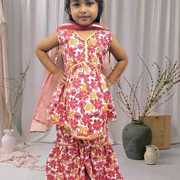 Cutiekins Girls Floral Printed A-Line Gotta Patti Kurta With Sharara & Dupatta-picture-6