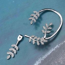 PRIAANSHA CREATIONS Silver-Plated Rhinestone Studded Leaf Shaped Earcuff image 3