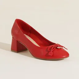 Peach Flores Leather Block Pumps with Bows-17