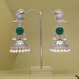 Anouk Silver-Plated Artificial Stones Studded & Pearls Beaded Dome Shaped Peacock Jhumkas-11