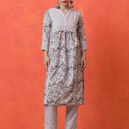 Jaipur Kurti Floral Printed V-Neck Pleated Beads & Stones A-Line Kurta With Trousers-image-26