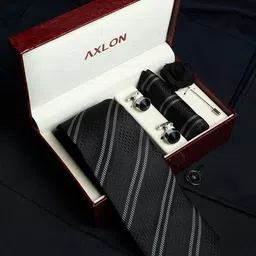AXLON Men Striped Tie Pocket Square Cufflink & Flower Pin Accessory Gift Set-95