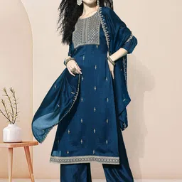 Sangria Embroidered Round Neck Kurta Palazzo with Dupatta-picture-51