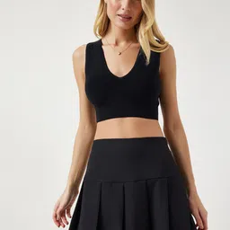 Happiness istanbul Pleated Flared Solid Mini Skirts-picture-21