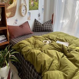 JC HOME Multicoloured & Green Checked Polycotton 3 Piece Double King Regular Bedding Set-image-84