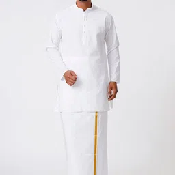 Ramraj Mandarin Collar Pure Cotton Straight Kurta With Golden Zari Dhoti-image-19