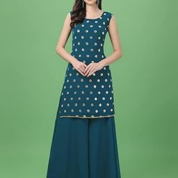 PARROT CREATION Women Embroidered Regular Sequinned Kurti with Palazzos & With Dupatta-16