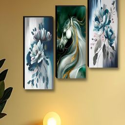 Myntra Elegant Homes Blue & Green 3 Piece Wood Horse & Flower Wall Paintings-picture-46