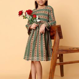 Indo Era Striped Printed Cotton Fit & Flare Dress-image-41