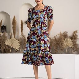 AASK Floral Printed Puff Sleeve Fit & Flare Dress-image-81