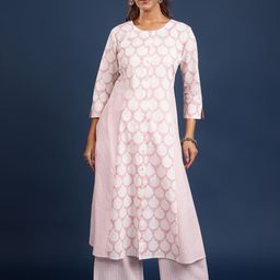 Taavi Women Geometric Hand Block Printed Pure Cotton A-Line Kurta & Trousers-picture-27