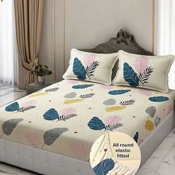 Myntra Elegant Homes Blue & Green Printed 300 TC Fitted King Bedsheet Set 1.82 m x 1.98 m-image-76