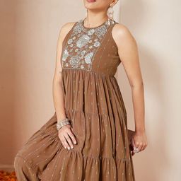Janasya Women Brown Georgette Floral Embellished Sequinned Tiered Kurti With Palazzo-picture-25