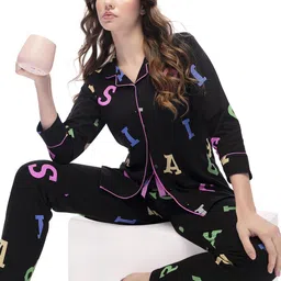 Lotik Women Alphanumeric Printed Lapel Collar Night suit-picture-1