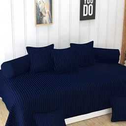 UrbanArts 8 Pcs Navy Blue Striped 400 TC Diwan Set-image-25