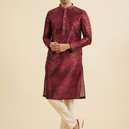 Manyavar Floral Embroidered Art Silk Mandarin Collar Straight Kurta With Trousers-image-59
