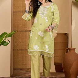 Sangria Chikankari Embroidered Schiffli Tunic With Trouser Co-Ords-picture-20
