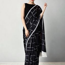 Mitera Checked Chinon Saree With Blouse Piece-picture-0