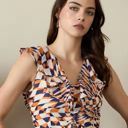 Kibo Women Abstract Printed Georgette Ruffled Fitted Crop Top-image-11
