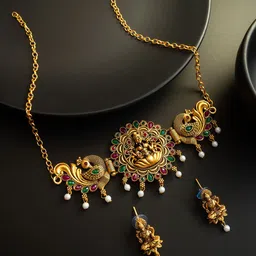 aadita Gold-Plated Kundan Studded & Artificial Beaded Temple Necklace & Earrings-image-13