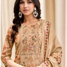 Anouk Beige Floral Embroidered Sequinned Chanderi Silk Kurta With Trousers & Dupatta-11