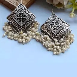 Sangria Silver-Plated Artificial Beads Beaded Square Shape Oxidised Drop Earrings-image-6