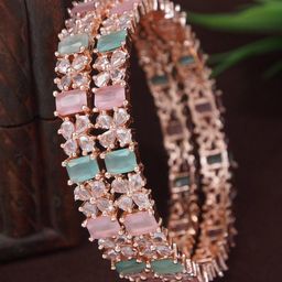 SGA FASHION Set Of 2 Rose Gold-Plated American Diamond Studded Bangles-image-48