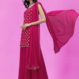 PARROT CREATION Geometric Embroidered Sequinned Georgette Kurti with Sharara And Dupatta-picture-45