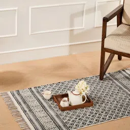 Fabindia Beige & Black Printed Rectangular Medium Dhurrie-1