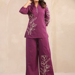 JISORA Embroidered Pure Cotton Mandarin Collar Neck Top With Palazzos Co-Ords-image-15