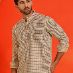 Jompers Checked Band Collar Long Roll-Up Sleeves Straight Kurta-image-3